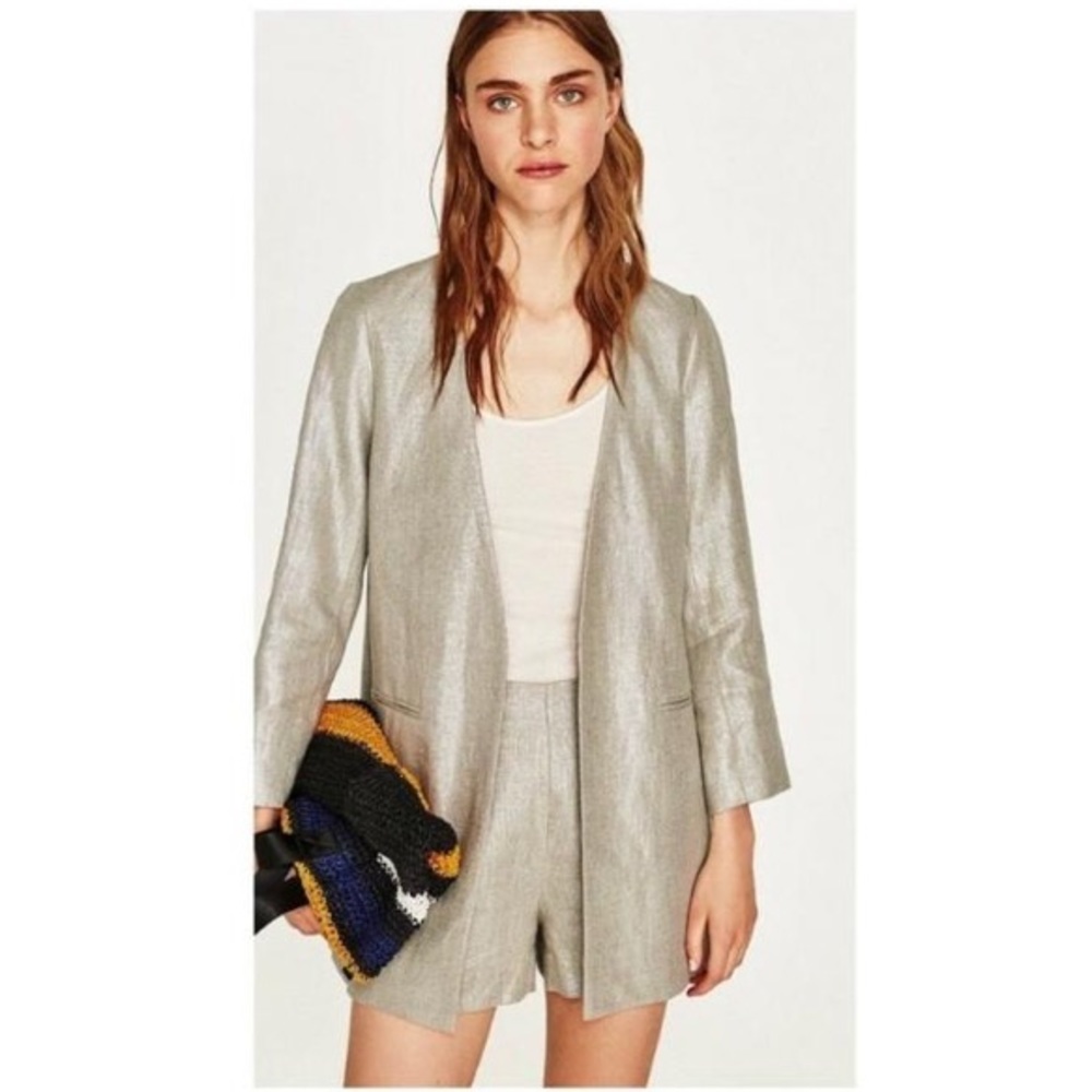 Zara Silver Taupe Linen Metallic Collarless Oversized Blazer sz.S